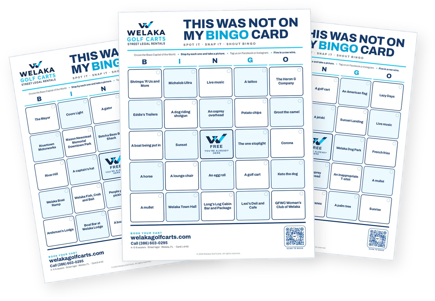Three Welaka Bingo cards fanned out, each with a different grid of squares