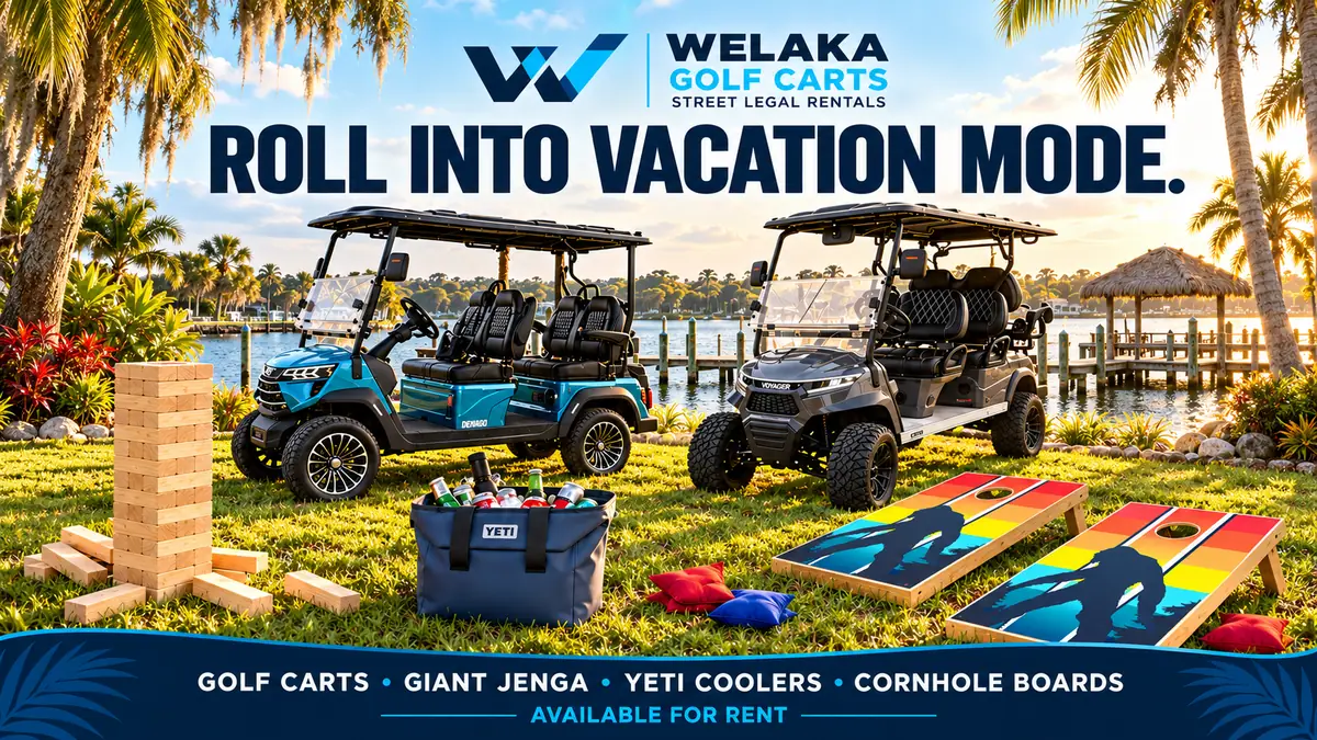 Welaka Golf Carts advertisement: a teal four-seat and a grey six-seat street-legal cart parked on grass by the river, with a giant Jenga tower, a Yeti cooler and cornhole boards. Text reads “Roll into vacation mode” and “Golf carts, giant Jenga, Yeti coolers, cornhole boards — available for rent.”